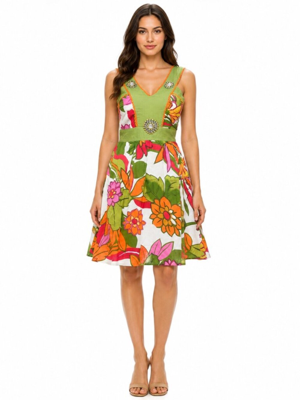 Women’s Floral Sleeveless A-Line Dress – Green V-Neck Rhinestone Embellished
